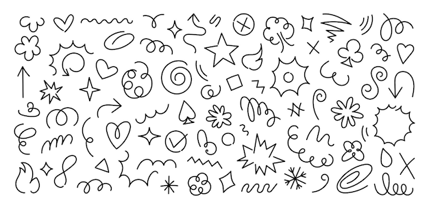 Collection vectorielle d'autocollants dessinés à la main, griffonnés et griffonnés dans un style minimaliste pour enfants
