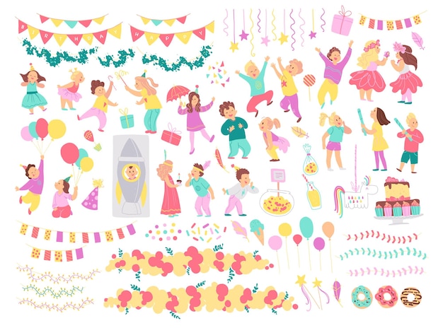 Collection Vectorielle D'enfants De Fête D'anniversaire, éléments D'idée De Décor Isolés Sur Fond Blanc - Pinata, Fusée, Ballons, Gâteau, Guirlande. Style De Dessin Animé Plat Dessiné à La Main. Pour Carte, Motif, étiquette, Invitation.