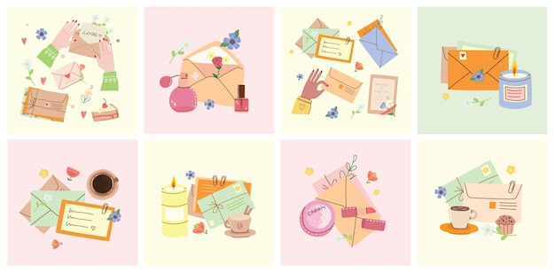 Collection vectorielle d'enveloppes différentes avec cachets de la poste et illustrations de cartes postales cartes faites à la main dans le style plat isolé