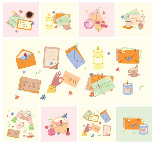 Collection vectorielle d'enveloppes différentes avec cachets de la poste et illustrations de cartes postales cartes faites à la main dans le style plat isolé