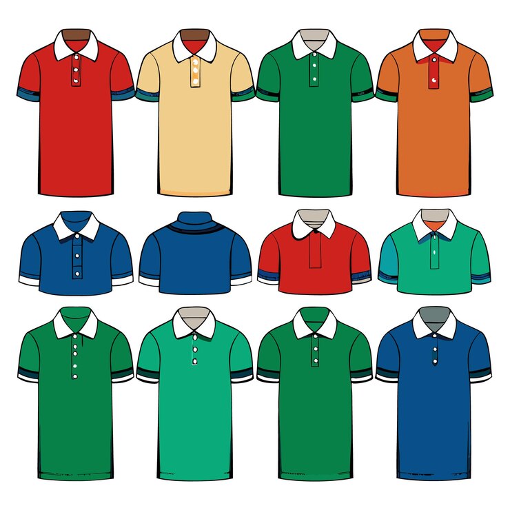 Vecteur collection vectorielle de silhouettes de chemises polo stylisées avec des couleurs et des colliers uniques
