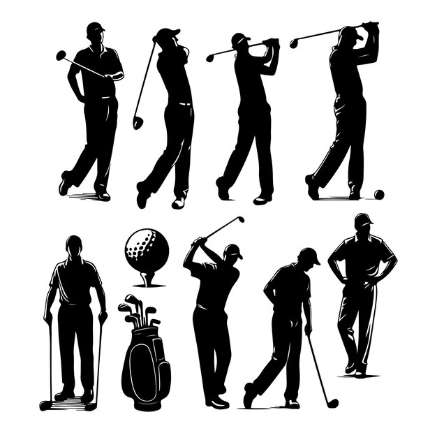 Collection Vectorielle De Silhouettes Masculines De Joueurs De Golf Dans Différentes Poses