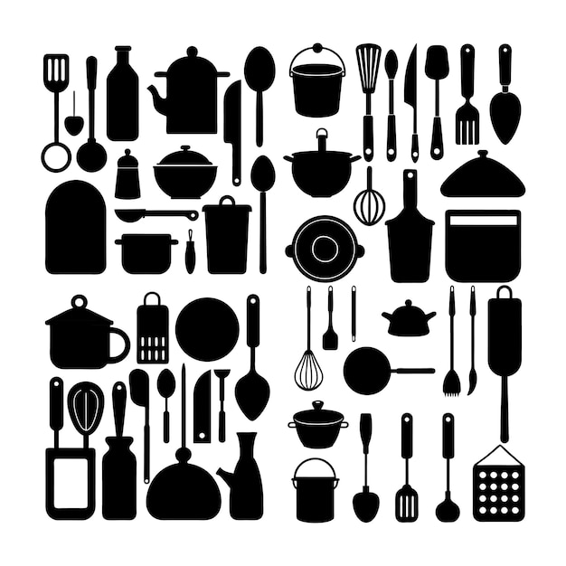 Collection vectorielle de silhouettes d'outils de cuisine
