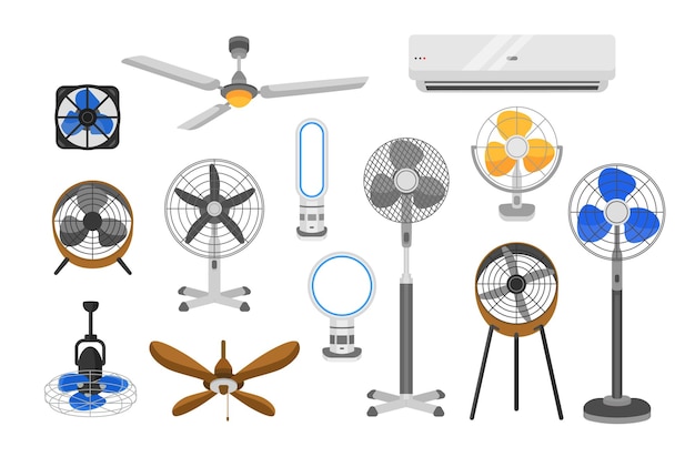 Vecteur collection de ventilateurs électriques de différents types isolés sur fond blanc. ensemble d'appareils ménagers pour le refroidissement et la climatisation de l'air, la climatisation. illustration vectorielle en style cartoon plat.