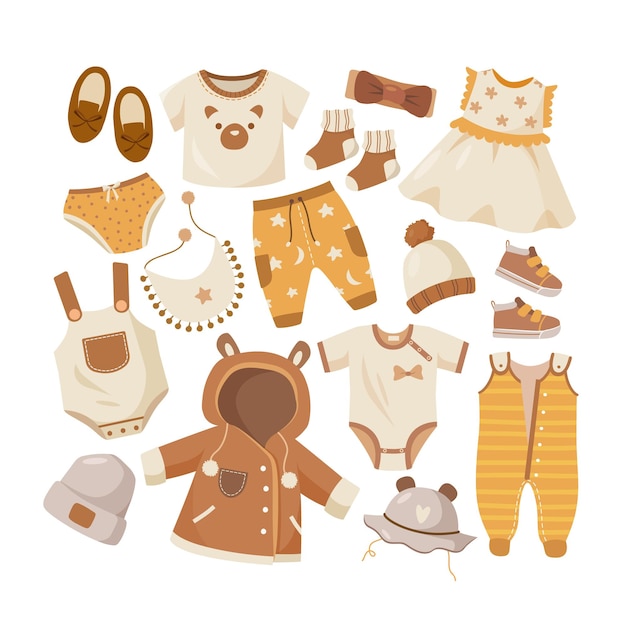 Collection de vêtements bébé au style scandinave. Illustration vectorielle isolée sur fond blanc