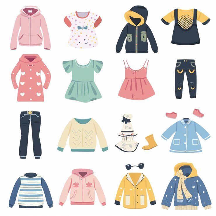 une collection de vêtements dont un qui a le numéro 5 sur lui