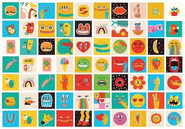 Collection de visages comiques abstraits ronds avec diverses émotions éléments et visages de personnages de forme géométrique comique abstrait fou Illustration vectorielle