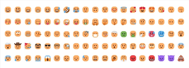 Vecteur collection de visages emoji souriants ou d'émoticônes smiley mignonnes définissant les réactions émotionnelles des médias sociaux