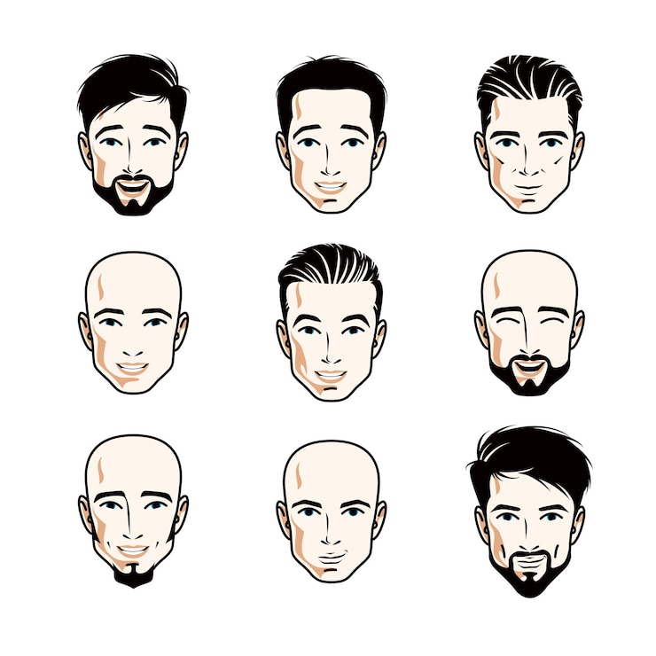 Vecteur collection de visages d'hommes caucasiens exprimant différentes émotions, illustrations vectorielles de tête humaine.