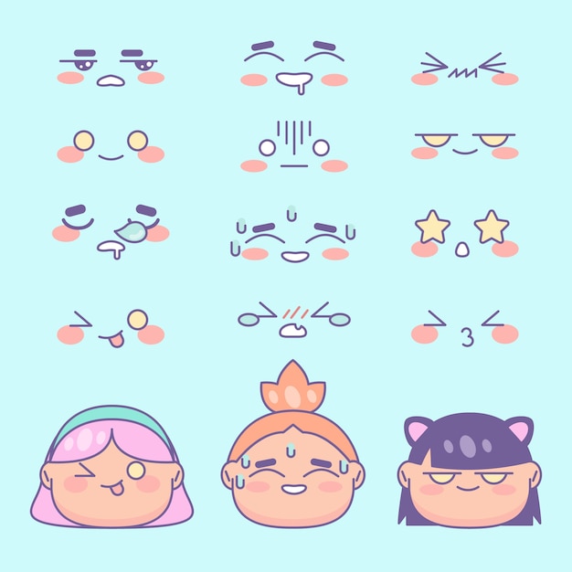 Collection de visages kawaii dessinés à la main