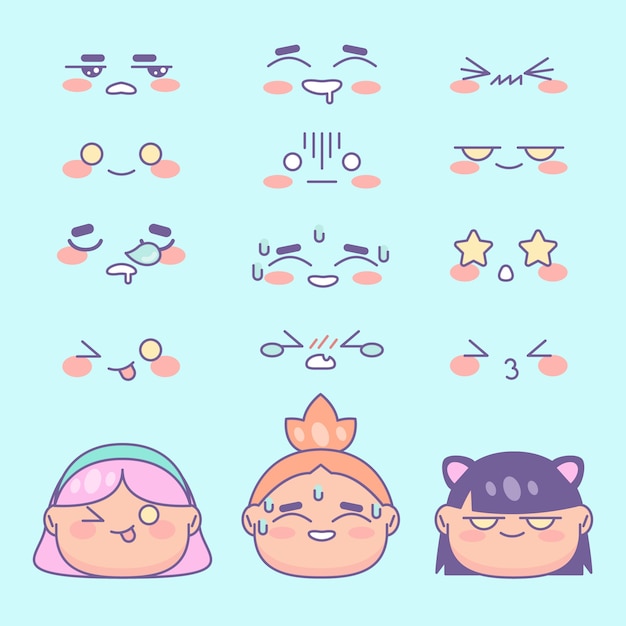 Vecteur collection de visages kawaii dessinés à la main