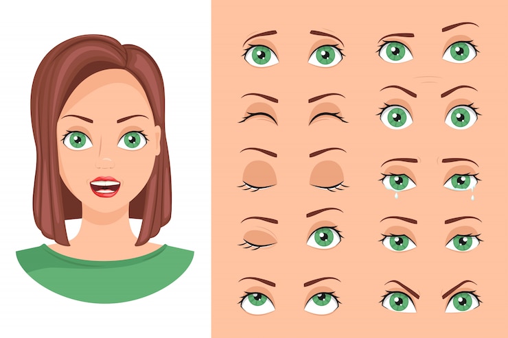 Vecteur collection yeux féminins avec différentes émotions.