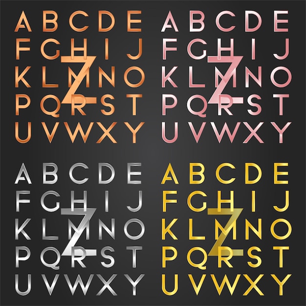 Vecteur collections d'alphabets dégradés avec des couleurs dégradées dorées, argentées, cuivrées et dorées