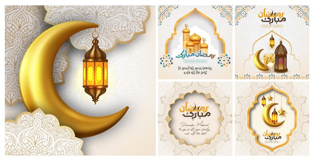 Vecteur collections de cartes de voeux ramadan mubarak de style moderne avec des lanternes de dôme de mosquée de lune de calligraphie arabe pour la conception de papier peint affiche de médias sociaux