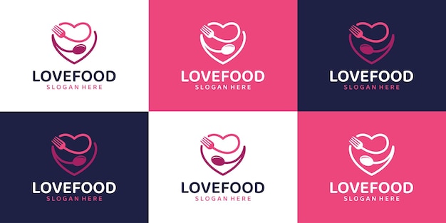 Collections De Création De Logo Love Food Avec Une Cuillère à Fourchette Et Un Vecteur Graphique De Conception De Coeur