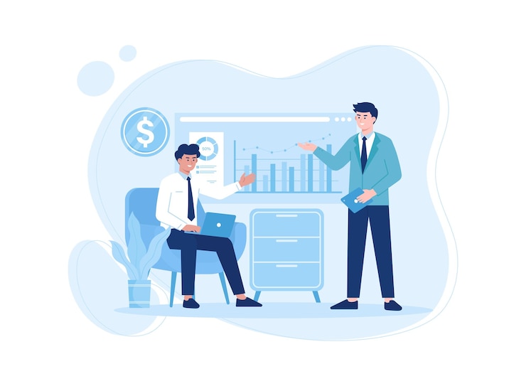 Vecteur collègues discutent du concept d'analyse de la croissance illustration plate