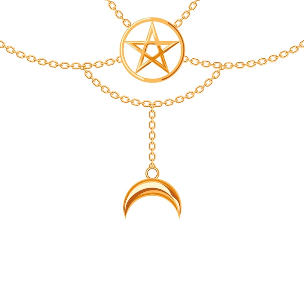 Vecteur collier métallique doré. pendentif et chaînes pentagram.