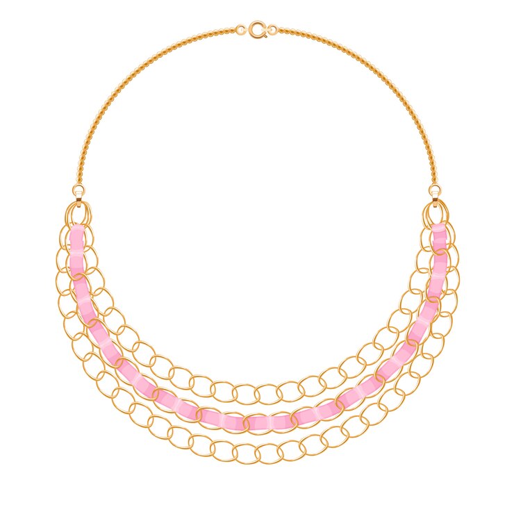 Vecteur collier de nombreuses chaînes métalliques dorées avec rubans roses. accessoire de mode personnel.