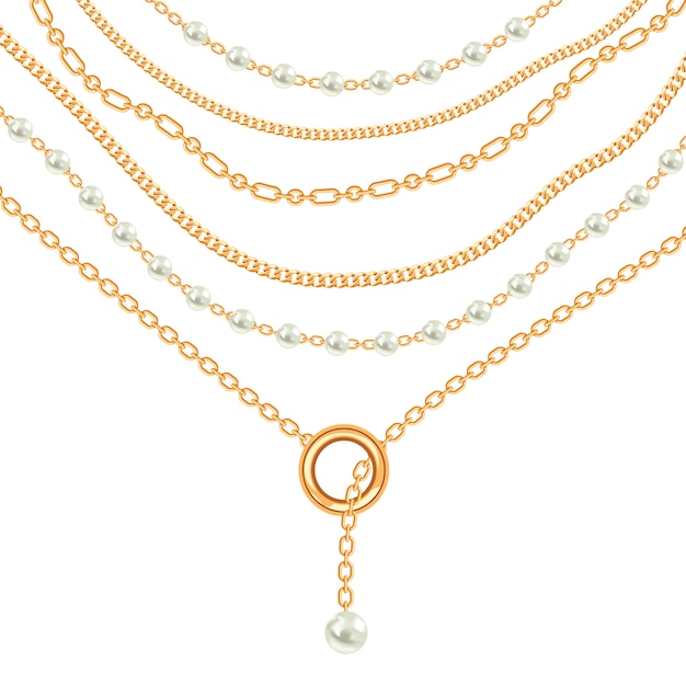 Collier Perles et Chaines Métalliques Dorées