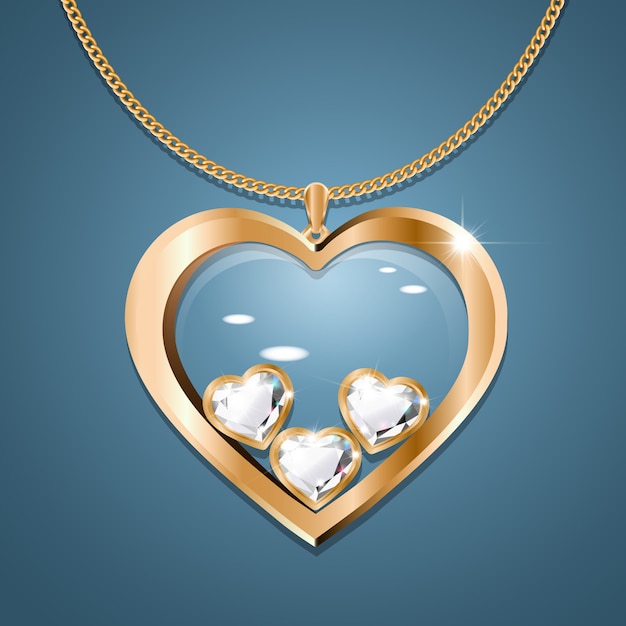 Collier Avec Trois Coeurs En Diamant Sur Une Chaîne En Or