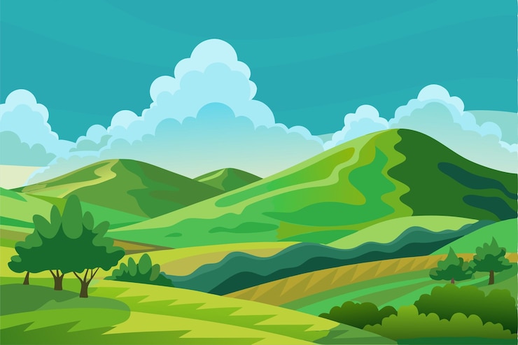 Vecteur une colline verte avec un arbre et des collines en arrière-plan