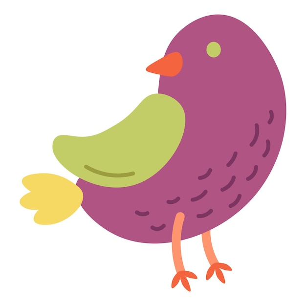 Colombe violette debout aux ailes vertes. Oiseau de style dessin animé. Pour les autocollants et les illustrations pour enfants