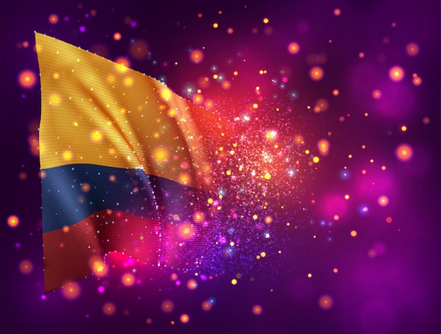 Colombie, Drapeau 3d Sur Fond Violet Rose Avec éclairage Et Fusées éclairantes