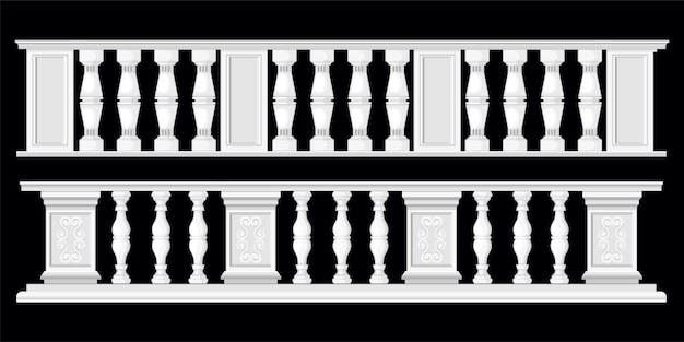 Colonne de vase à balustres sertie de deux vues isolées de la conception classique de clôture en pierre sur illustration vectorielle fond noir