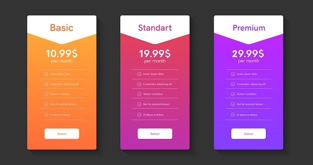 Colonnes Des Plans D'hébergement. Liste De Prix Des Boîtes Web. 3 Tarrifs Ui Tables Pour Site Web.