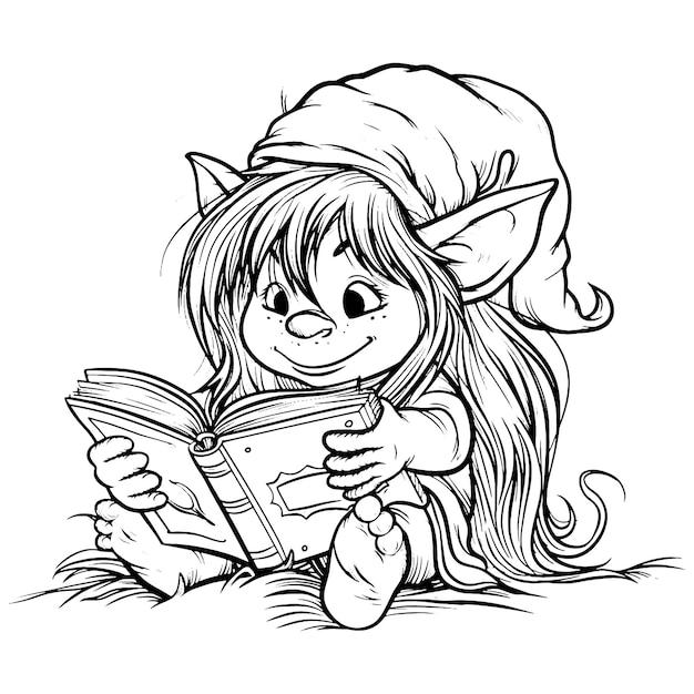 La Coloration De La Fille Gremlin Nain Lisant Un Livre En Pyjama Imprimable En Noir Et Blanc Génératif Ai