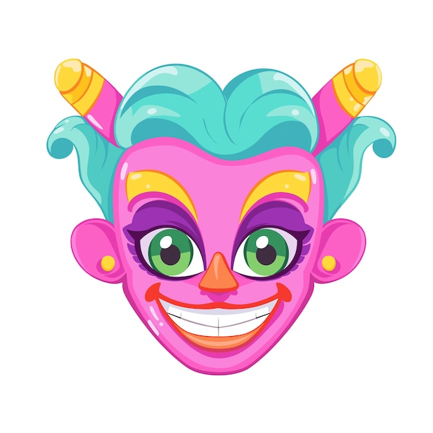 Vecteur coloré cartoon joker visage avec un large sourire et expression ludique personnage de clown festif pour