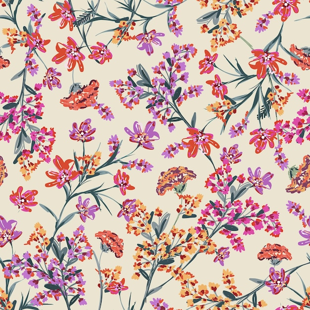 Vecteur colorful blooming hand drawn paint brushed wild flower meadow floral seamless pattern vector