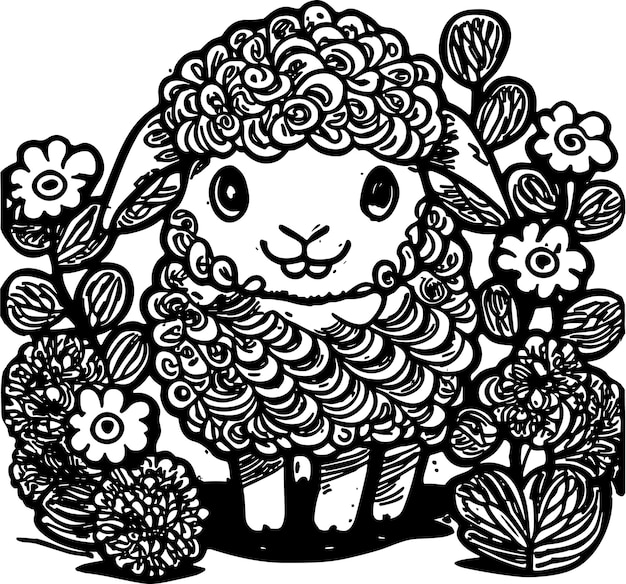 Coloriage d'agneau moelleux Doux sourire au milieu de fleurs épanouies Parfait pour les enfants