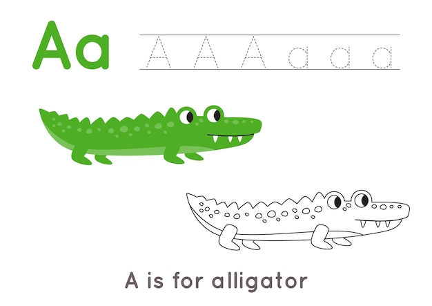 Coloriage Avec Alligator De Dessin Animé Mignon. Feuille De Traçage De L'alphabet Avec La Lettre A. Pratique De L'écriture Manuscrite Pour Les Enfants.