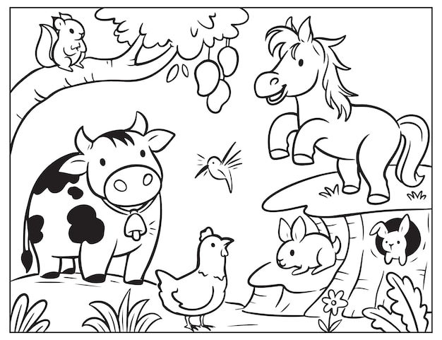 Vecteur coloriage animaux ferme doodle ferme