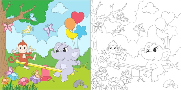 Coloriage Animaux Jouant à La Balançoire