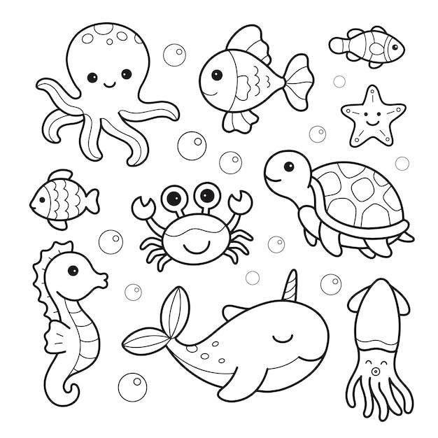 Vecteur coloriage animaux marins poulpe poisson tortue narval hippocampe crabe étoile de mer à imprimer