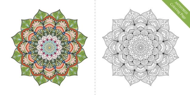 Coloriage antistress pour adultes Mandala de fleurs pour la relaxation méditation peinture logo de yoga ornement rond décoratif motif floral vectoriel texture riche élément de design oriental complexe