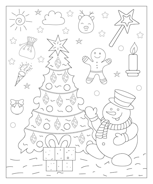 Coloriage D’un Arbre De Noël Décoré Avec Des Cadeaux Illustration Vectorielle Noir Et Blanc Sur Blanc