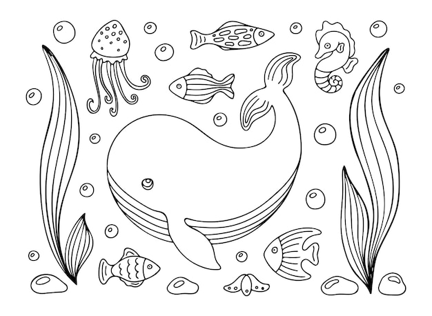 Vecteur coloriage avec baleine, poissons et méduses nageant entre bulles et algues.