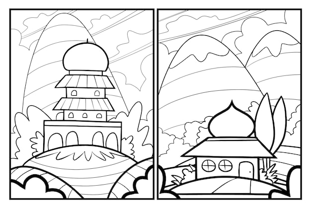 Coloriage De Belle Mosquée Avec Fond De Montagnes