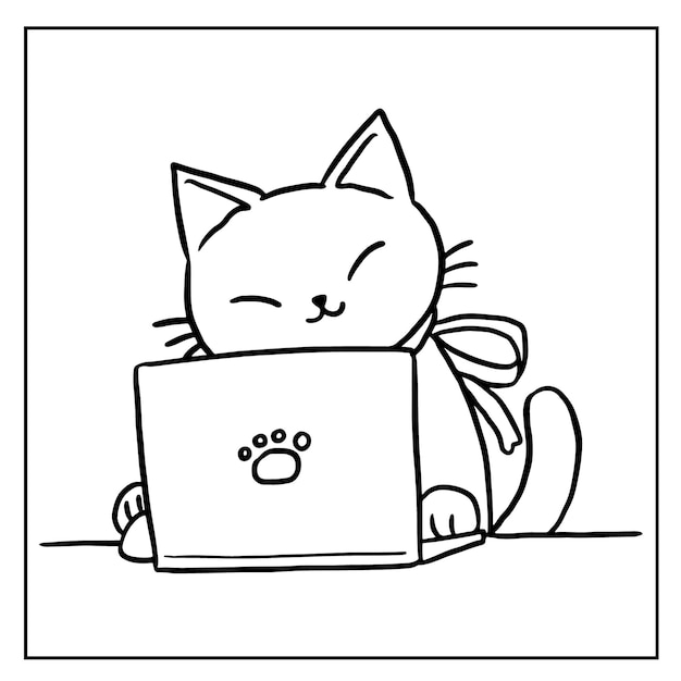 Coloriage Chat Travaillant Ordinateur Anime Mignon Personnage Dessin Anime Dessin Kawaii Manga Conception Art Vecteur Premium