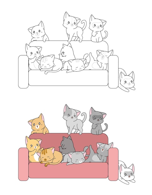 Coloriage De Chats Kawaii Sur Canapé Pour Les Enfants