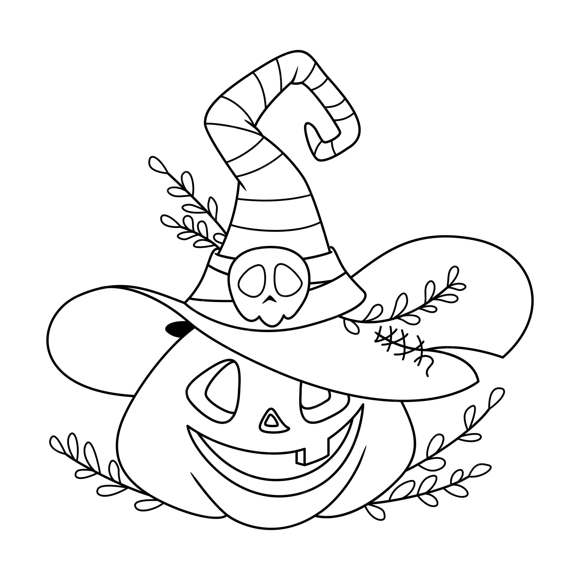 Comment Dessiner Un Chapeau De Sorcière Coloriage De Citrouille D'illustration Avec Chapeau De Sorcière Pour Halloween | Vecteur Premium