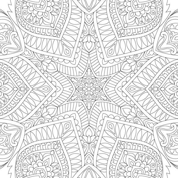 Vecteur coloriage de conception de mandala détaillé de motif floral noir et blanc