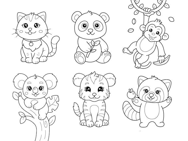 Vecteur coloriage de contour d'animaux pour enfants, y compris le chat panda, le singe, le koala, le tigre et le panda rouge