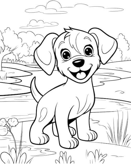 Vecteur coloriage contour de dessin animé souriant petit chien mignon pour enfant