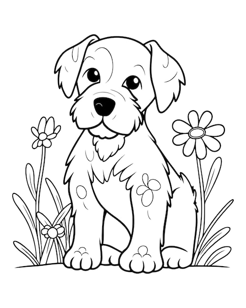 Coloriage contour de dessin animé souriant petit chien mignon pour enfant