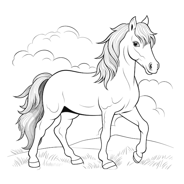 Vecteur coloriage contour d'un joli cheval petit contour d'animal vecteur noir et blanc