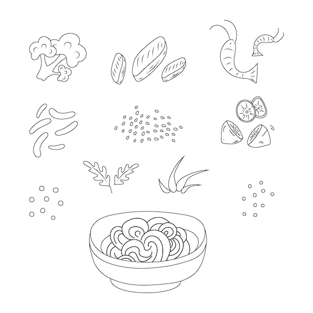 Coloriage Cuisine asiatique Assiette pour nouilles Crevettes Haricots Verts de poisson Illustration vectorielle
